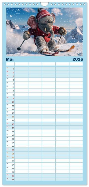 Produktbild: Familienplaner 2026 - Tierisch lustige Skifahrer mit 5 Spalten (Wandkalender, 21 x 45 cm) CALVENDO