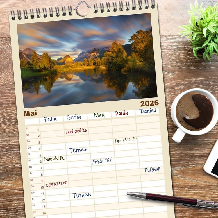Produktbild: Familienplaner 2026 - Bezaubernde Bergseen mit 5 Spalten (Wandkalender, 21 x 45 cm) CALVENDO