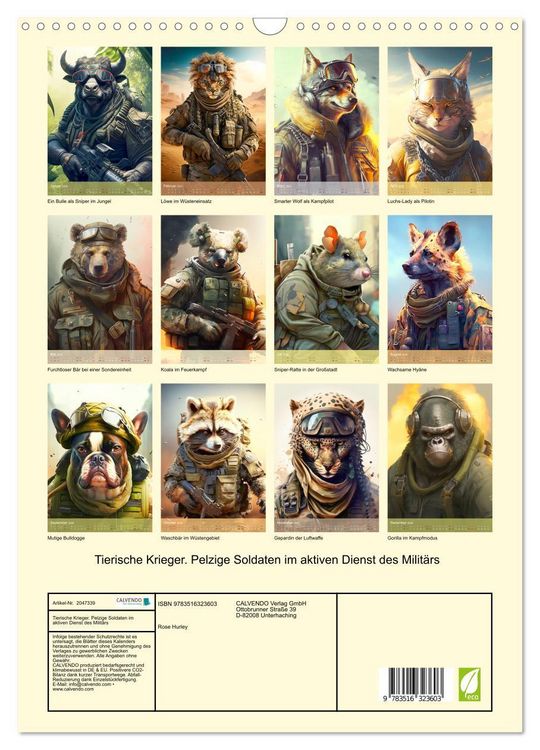 Produktbild: Tierische Krieger. Pelzige Soldaten im aktiven Dienst des Milit&auml;rs (Wandkalender 2026 DIN A3 hoch), CALVENDO Monatskalender