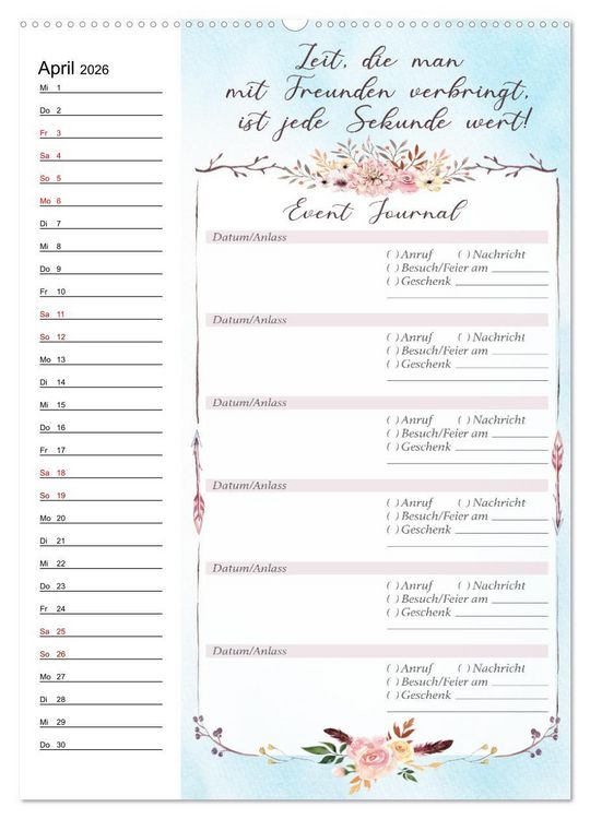 Produktbild: Geburtstagsplaner Boho Blau - F&uuml;r Termine, Geschenke, Eventdetails & mehr (Wandkalender 2026 DIN A2 hoch), CALVENDO Monatskalender