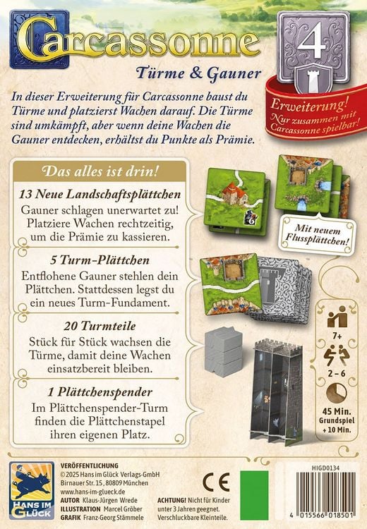 Produktbild: Hans im Gl&uuml;ck HIGD0134 - Carcassonne, T&uuml;rme & Gauner (Auflage 2025), 4. Erweiterung