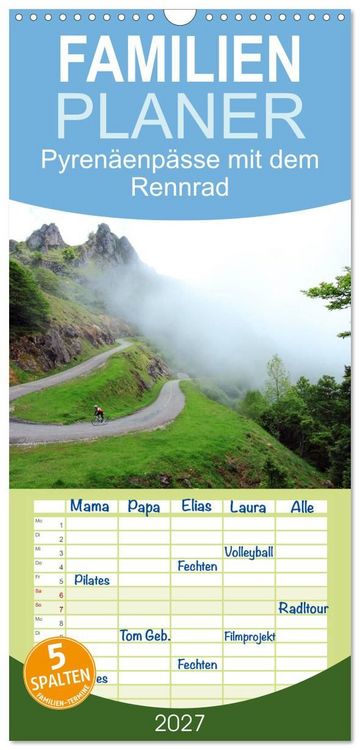 Produktbild: Familienplaner 2027 - Pyren&auml;enp&auml;sse mit dem Rennrad 2027 mit 5 Spalten (Wandkalender, 21 x 45 cm) CALVENDO