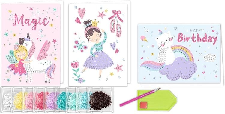 Produktbild: URSUS Diamond Painting Greeting Cards Magic, Gru&szlig;karten Bastelset f&uuml;r Kinder, 3er Set