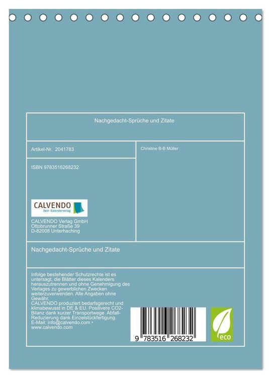 Produktbild: Nachgedacht-Spr&uuml;che und Zitate (Tischkalender 2026 DIN A5 hoch), CALVENDO Monatskalender