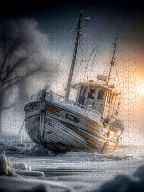 Produktbild: CALVENDO Puzzle Das Fischerboot beugt sich dem Winter und der frostigen K&uuml;ste | 1000 Teile Lege-Gr&ouml;&szlig;e 64x48cm Foto-Puzzle f&uuml;r gl&uuml;ckliche Stunden