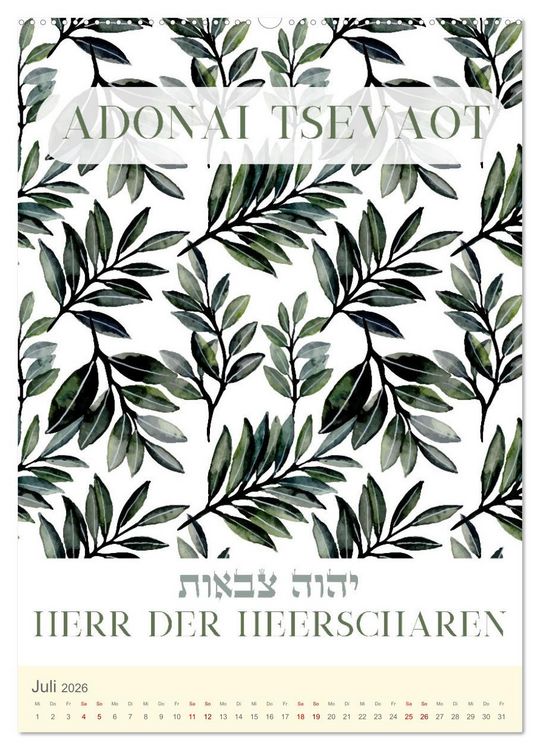Produktbild: Hebr&auml;ische Namen Gottes aus der Torah (Wandkalender 2026 DIN A2 hoch), CALVENDO Monatskalender