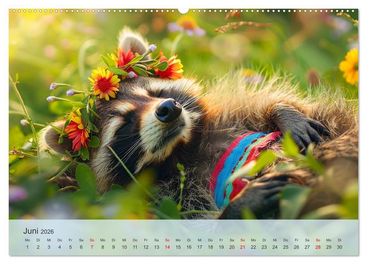 Produktbild: Niedlicher Waschb&auml;ren-Style. Modisch, elegant und blumig (Wandkalender 2026 DIN A2 quer), CALVENDO Monatskalender