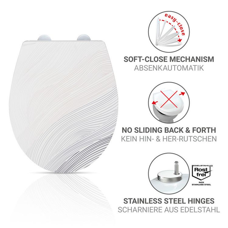 Produktbild: WC-Sitz Mod. Menin, mehrfarbig, Duroplast, Edelstahl, 38x44,5 cm, easy-close Absenkautomatik