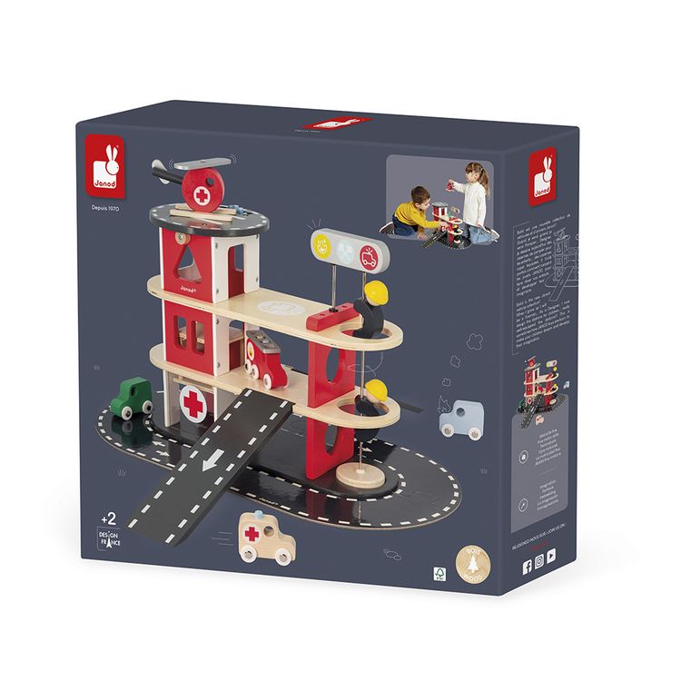 Produktbild: Holz-Feuerwehr-Spielset mit Fahrzeugen & Helikopter ab 2 Jahren