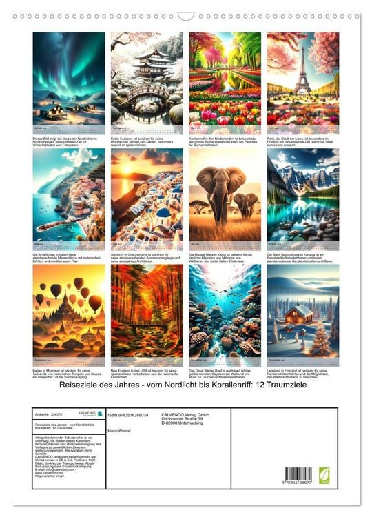 Produktbild: Reiseziele des Jahres - vom Nordlicht bis Korallenriff: 12 Traumziele (Wandkalender 2026 DIN A2 hoch), CALVENDO Monatskalender