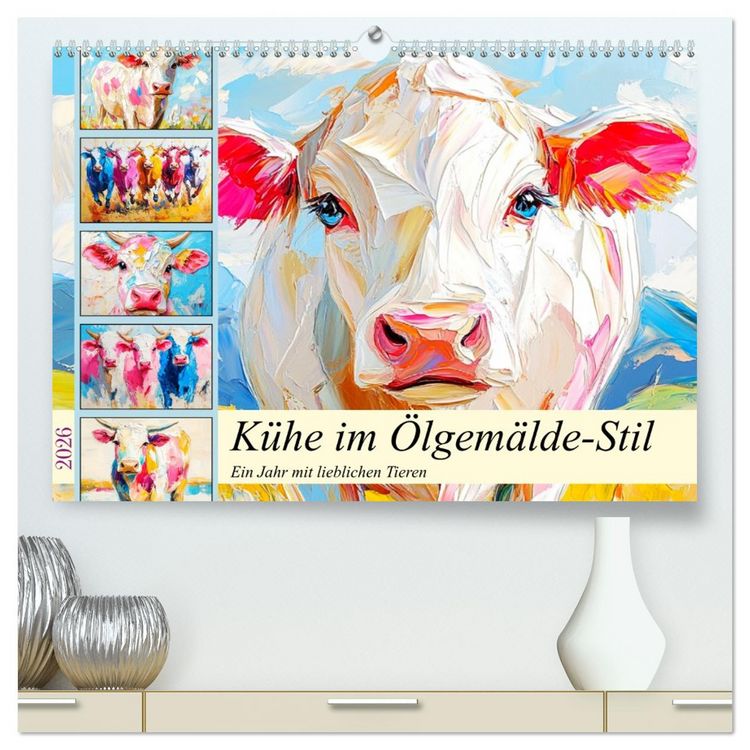 Produktbild: K&uuml;he im &Ouml;lgem&auml;lde-Stil. Ein Jahr mit lieblichen Tieren (hochwertiger Premium Wandkalender 2026 DIN A2 quer), Kunstdruck in Hochglanz