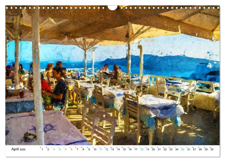 Produktbild: Urlaub auf Santorin - Gemalte Ansichten der Kykladeninsel (Wandkalender 2026 DIN A3 quer), CALVENDO Monatskalender