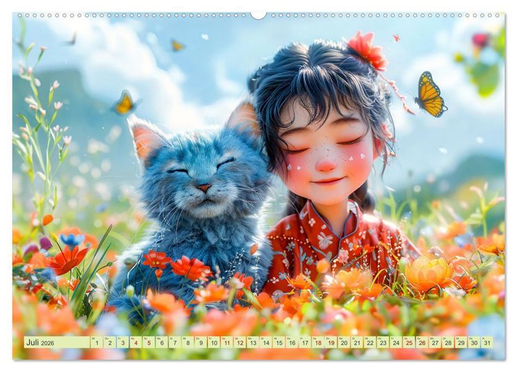 Produktbild: Lina und die Katzen - Magische Abenteuer in niedlichen Szenen (hochwertiger Premium Wandkalender 2026 DIN A2 quer), Kunstdruck in Hochglanz
