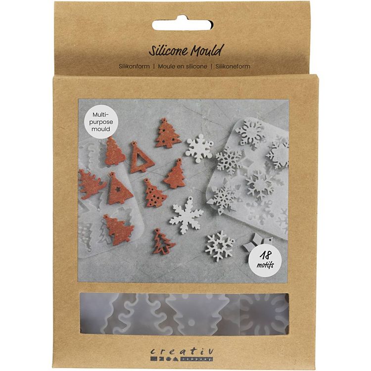Produktbild: Creativ Company Silikonform, Schneeflocken und Weihnachtsb&auml;ume, H 0,3 cm, B 3,5+4,7 cm, mit Loch zum Aufh&auml;ngen, Matt transparent, 2 Stk/ 1 Stk