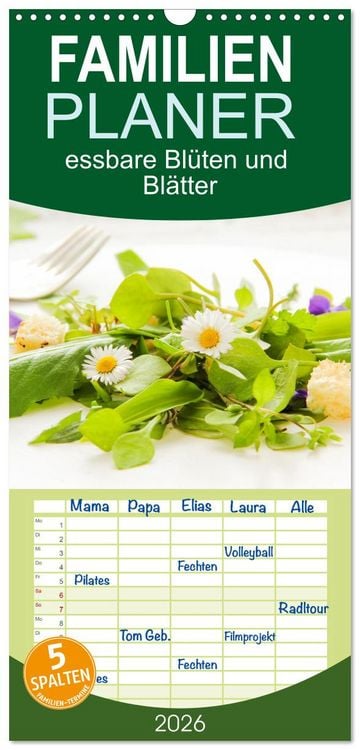 Produktbild: Familienplaner 2026 - essbare Bl&uuml;ten und Bl&auml;tter mit 5 Spalten (Wandkalender, 21 x 45 cm) CALVENDO