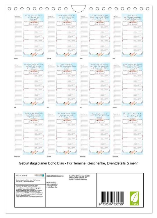 Produktbild: Geburtstagsplaner Boho Blau - F&uuml;r Termine, Geschenke, Eventdetails & mehr (Wandkalender 2026 DIN A4 hoch), CALVENDO Monatskalender