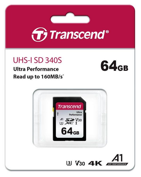 Produktbild: Transcend TS64GSDC340S SDXC-Karte 64 GB A1 Application Performance Class, v30 Video Speed Class, UHS-Class 3 sto&szlig;sicher, Wasserdicht