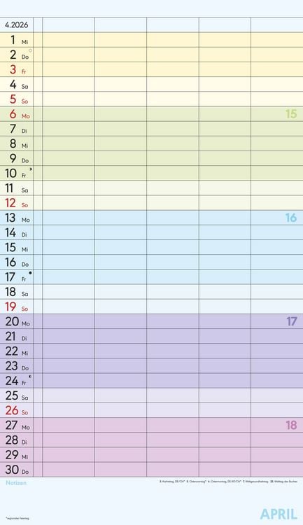Produktbild: Superplaner Farbenfroh 2026 - 5 Spalten - Familienkalender 26x45 cm - Offset-Papier - mit Ferienterminen - Wandkalender - Wandplaner