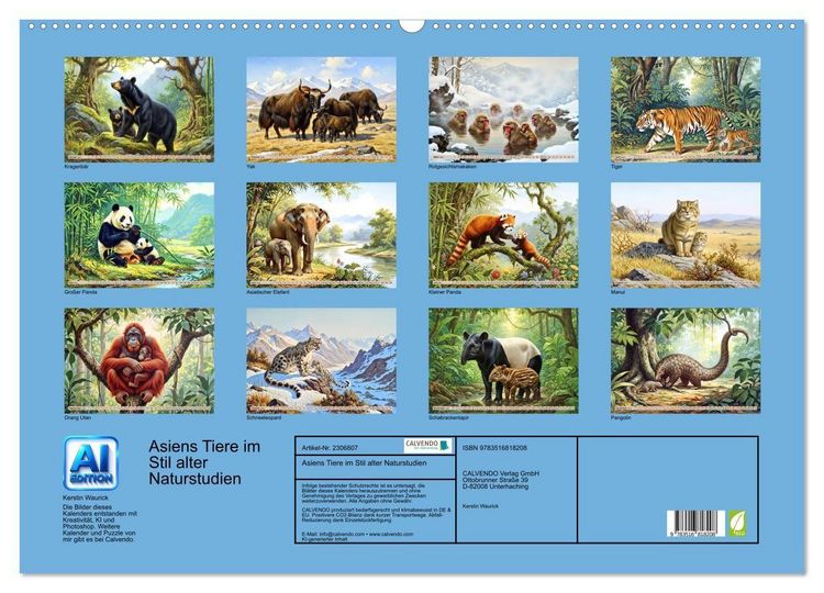Produktbild: Asiens Tiere im Stil alter Naturstudien (Wandkalender 2027 DIN A2 quer), CALVENDO Monatskalender