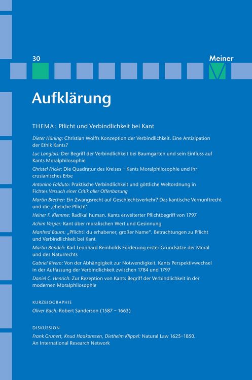 Produktbild: Aufkl&auml;rung, Band 30: Pflicht und Verbindlichkeit bei Kant. Quellengeschichtliche, systematische und wirkungsgeschichtliche Beitr&auml;ge
