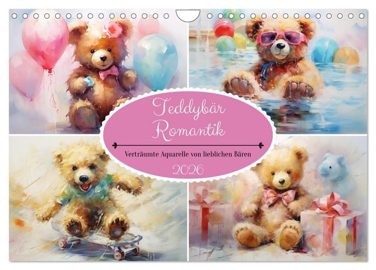 Produktbild: Teddyb&auml;r Romantik. Vertr&auml;umte Aquarelle von lieblichen B&auml;ren (Wandkalender 2026 DIN A4 quer), CALVENDO Monatskalender