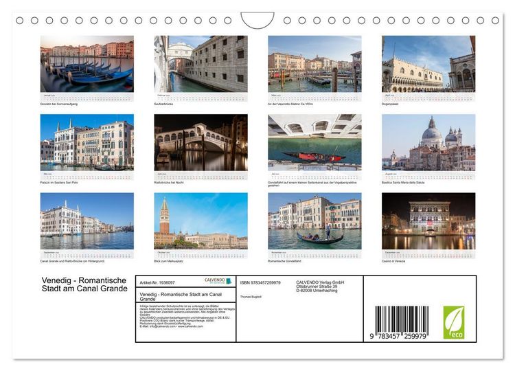 Produktbild: Venedig - Romantische Stadt am Canal Grande (Wandkalender 2026 DIN A4 quer), CALVENDO Monatskalender