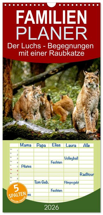 Produktbild: Familienplaner 2026 - Der Luchs - Begegnungen mit einer Raubkatze mit 5 Spalten (Wandkalender, 21 x 45 cm) CALVENDO