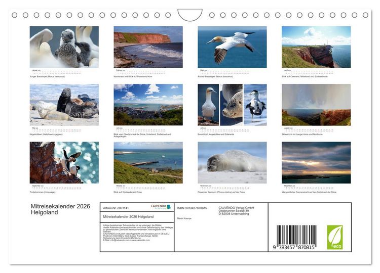 Produktbild: Mitreisekalender 2026 Helgoland (Wandkalender 2026 DIN A4 quer), CALVENDO Monatskalender