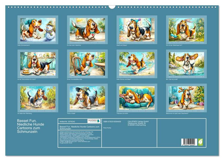 Produktbild: Basset Fun. Niedliche Hunde Cartoons zum Schmunzeln (Wandkalender 2026 DIN A2 quer), CALVENDO Monatskalender