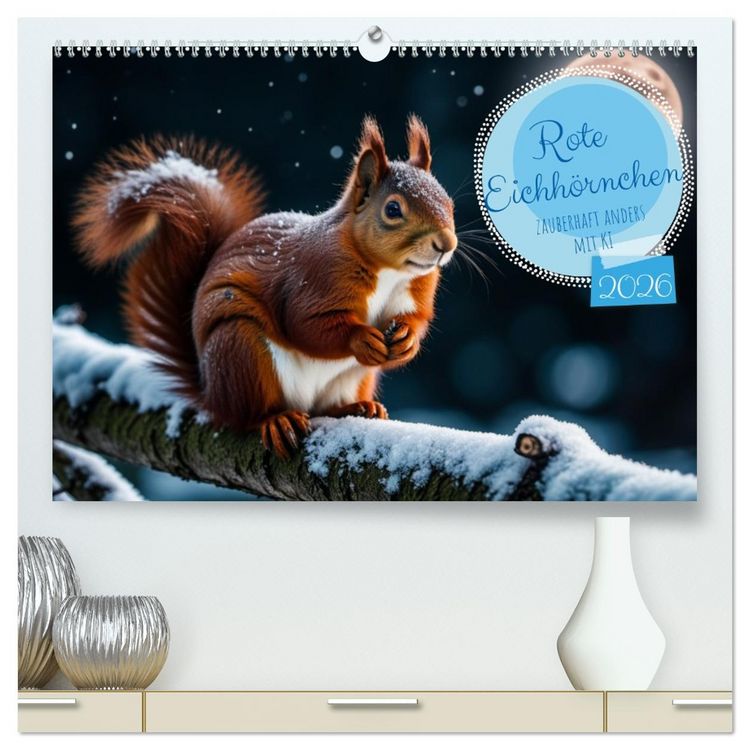 Produktbild: Rote Eichh&ouml;rnchen - zauberhaft anders mit KI (hochwertiger Premium Wandkalender 2026 DIN A2 quer), Kunstdruck in Hochglanz