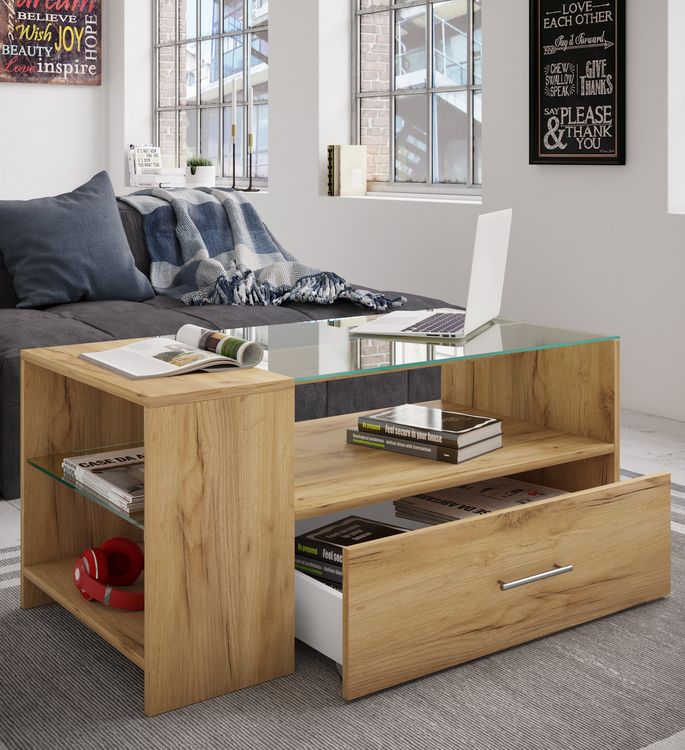 Produktbild: Holz Sofatisch Couchtisch Schublade Glas Tindala