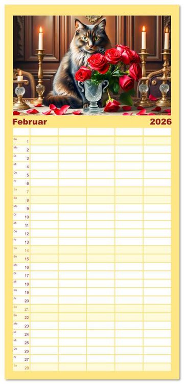 Produktbild: Familienplaner 2026 - Klassische Katzenportr&auml;ts - Katzen in opulenten Stillleben mit 5 Spalten (Wandkalender, 21 x 45 cm) CALVENDO