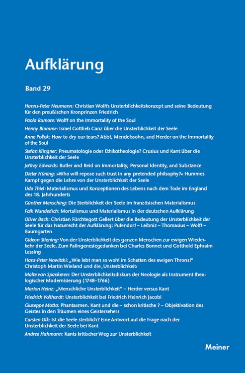 Produktbild: Aufkl&auml;rung, Band 29: Das Problem der Unsterblichkeit in der Philosophie, den Wissenschaften und den K&uuml;nsten des 18. Jahrhunderts