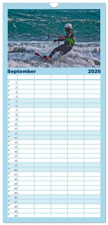 Produktbild: Familienplaner 2026 - Kitesurfen - &uuml;ber den Wellen mit 5 Spalten (Wandkalender, 21 x 45 cm) CALVENDO