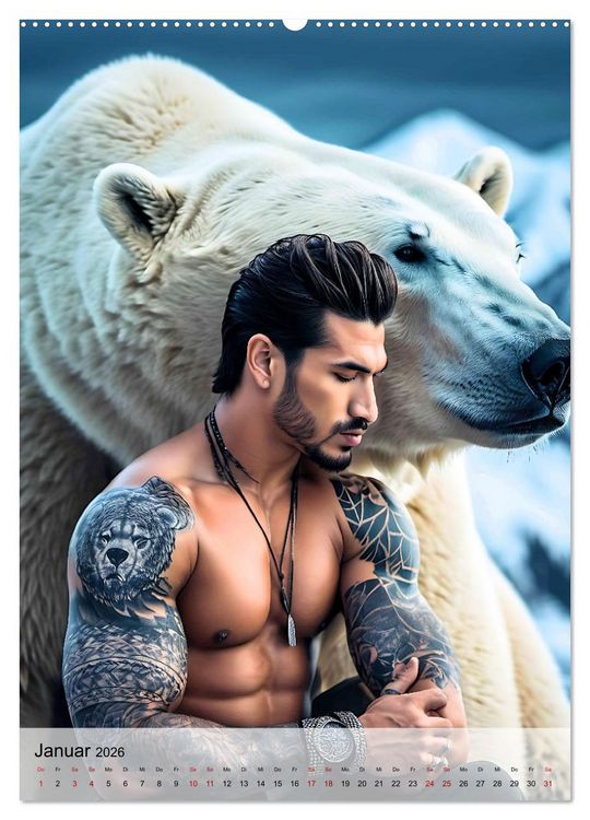 Produktbild: Verwegene Kerle - Muskeln, Tattoos und wilde Tiere (hochwertiger Premium Wandkalender 2026 DIN A2 hoch), Kunstdruck in Hochglanz
