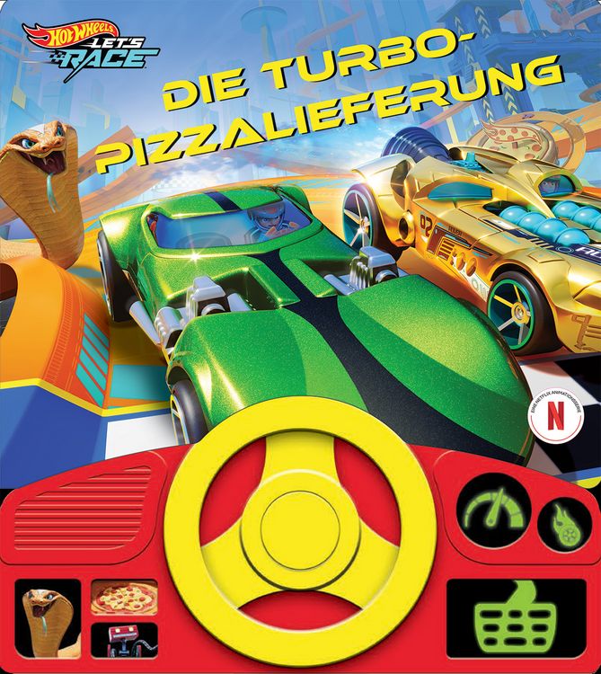 Produktbild: Hot Wheels Let's Race - Die Turbo-Pizzalieferung - Soundbuch - Pappbilderbuch mit beweglichem Lenkrad und 8 spannenden Ger&auml;uschen f&uuml;r Kinder ab 3 Jahr