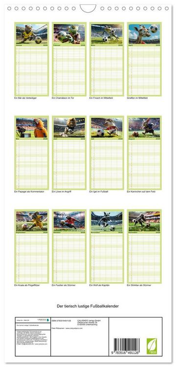 Produktbild: Familienplaner 2026 - Der tierisch lustige Fu&szlig;ballkalender mit 5 Spalten (Wandkalender, 21 x 45 cm) CALVENDO