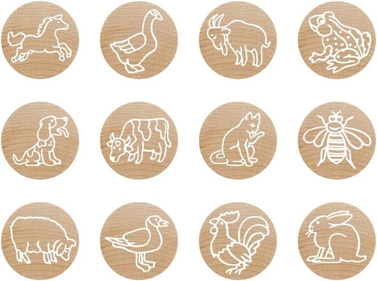 Produktbild: COLOP Woodies Holzstempel Set Bauernhoftiere, mit 12 Motiven, Abdruckgr&ouml;&szlig;e: &Oslash; 29 mm, eckig