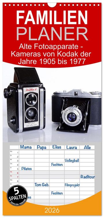 Produktbild: Familienplaner 2026 - Alte Fotoapparate - Kameras von Kodak der Jahre 1905 bis 1977 mit 5 Spalten (Wandkalender, 21 x 45 cm) CALVENDO