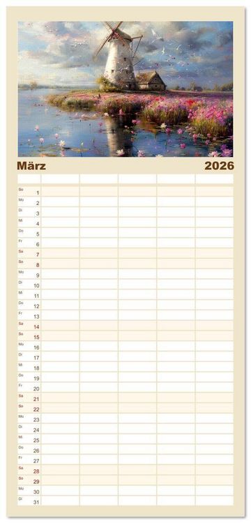 Produktbild: Familienplaner 2026 - Windgefl&uuml;ster-M&uuml;hlenimpressionen mit 5 Spalten (Wandkalender, 21 x 45 cm) CALVENDO