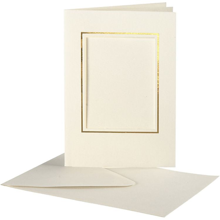 Produktbild: Creativ Company Passepartout-Karten mit Kuvert, Rechteckiger , Ausschnitt m Goldkante, Kartengr&ouml;&szlig;e 10,5x15cm, Umschlaggr&ouml;&szlig;e 11,5x16,5 cm, Naturwei&szlig;, 10er Set