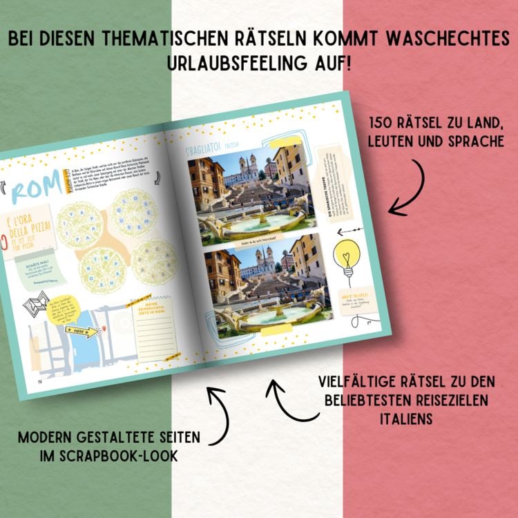 Produktbild: Urlaubsreise-R&auml;tselbuch Italien &ndash; Mit 150 R&auml;tseln zu Land, Leuten und Sprache