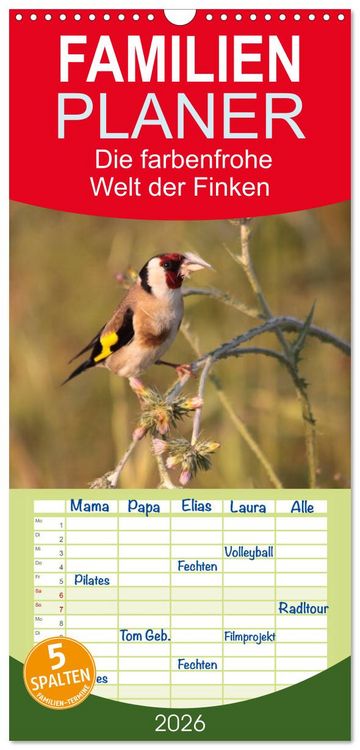 Produktbild: Familienplaner 2026 - Die farbenfrohe Welt der Finken mit 5 Spalten (Wandkalender, 21 x 45 cm) CALVENDO