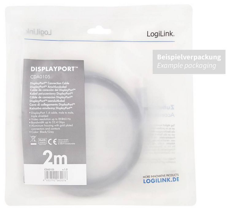 Produktbild: LogiLink DisplayPort AV Anschlusskabel [1x DisplayPort - 1x DisplayPort] 1m Schwarz/Grau