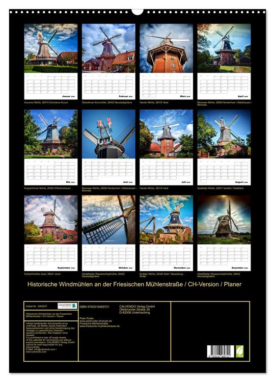 Produktbild: Historische Windm&uuml;hlen an der Friesischen M&uuml;hlenstra&szlig;e / CH-Version / Planer (Wandkalender 2026 DIN A2 hoch), CALVENDO Monatskalender