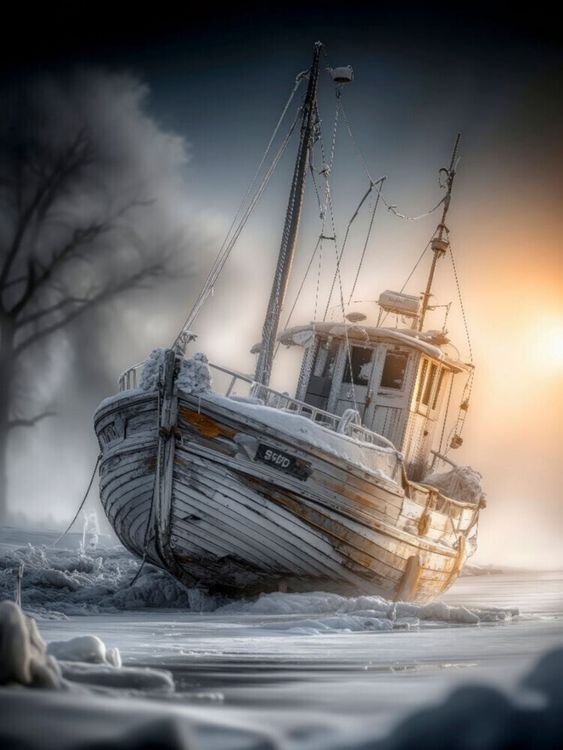 Produktbild: CALVENDO Puzzle Das Fischerboot beugt sich dem Winter und der frostigen K&uuml;ste | 1000 Teile Lege-Gr&ouml;&szlig;e 64x48cm Foto-Puzzle f&uuml;r gl&uuml;ckliche Stunden
