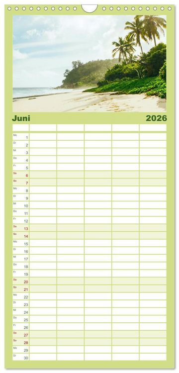 Produktbild: Familienplaner 2026 - In Gedanken auf den Seychellen mit 5 Spalten (Wandkalender, 21 x 45 cm) CALVENDO