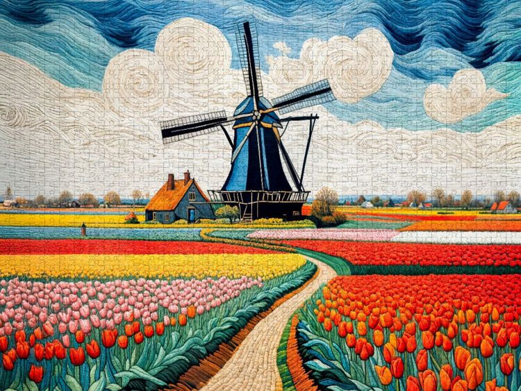 Produktbild: CALVENDO Puzzle Windm&uuml;hle bei buntem Tulpenmeer im Fr&uuml;hling | 1000 Teile Lege-Gr&ouml;&szlig;e 64x48cm Foto-Puzzle f&uuml;r gl&uuml;ckliche Stunden