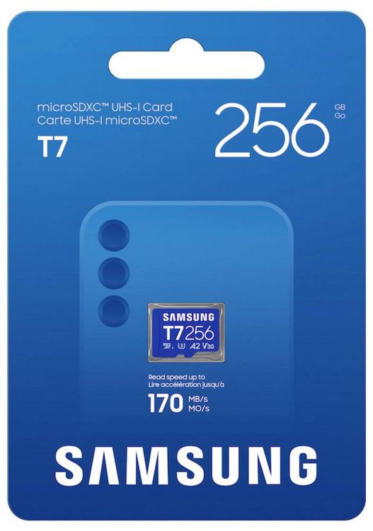 Produktbild: Samsung T7 microSDXC-Karte Retail 256 GB UHS-I U3, A2 Application Performance Class, Class 10, v30 Video Speed Class