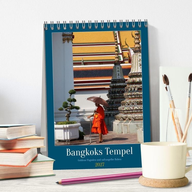 Produktbild: Bangkoks Tempel - Goldene Pagoden und safrangelbe Roben (Tischkalender 2027 DIN A5 hoch), CALVENDO Monatskalender